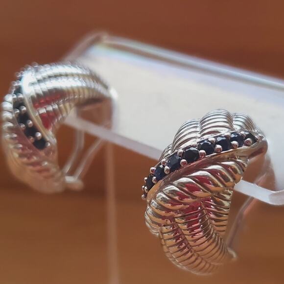 Judith Ripka Blue Sapphire Sterling Silver Hoop Omega Post Earrings 925 - Picture 4 of 8